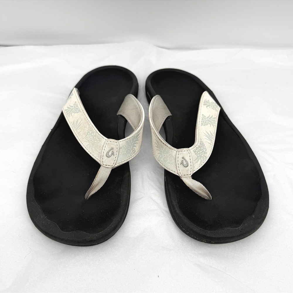 OluKai Women's Black Footbed Sandals with Ivory Patterned Straps
